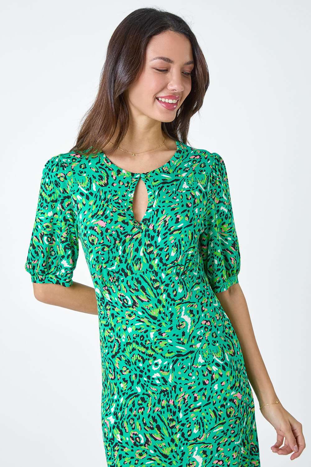 Green Animal Print Keyhole Stretch Dress, Image 4 of 5