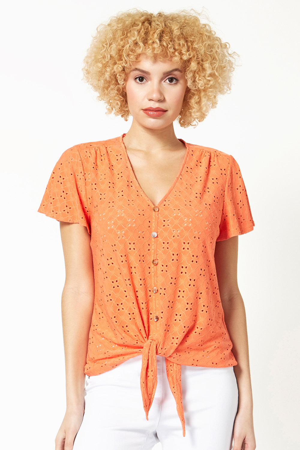 Broderie Stretch Jersey Tie Front Top
