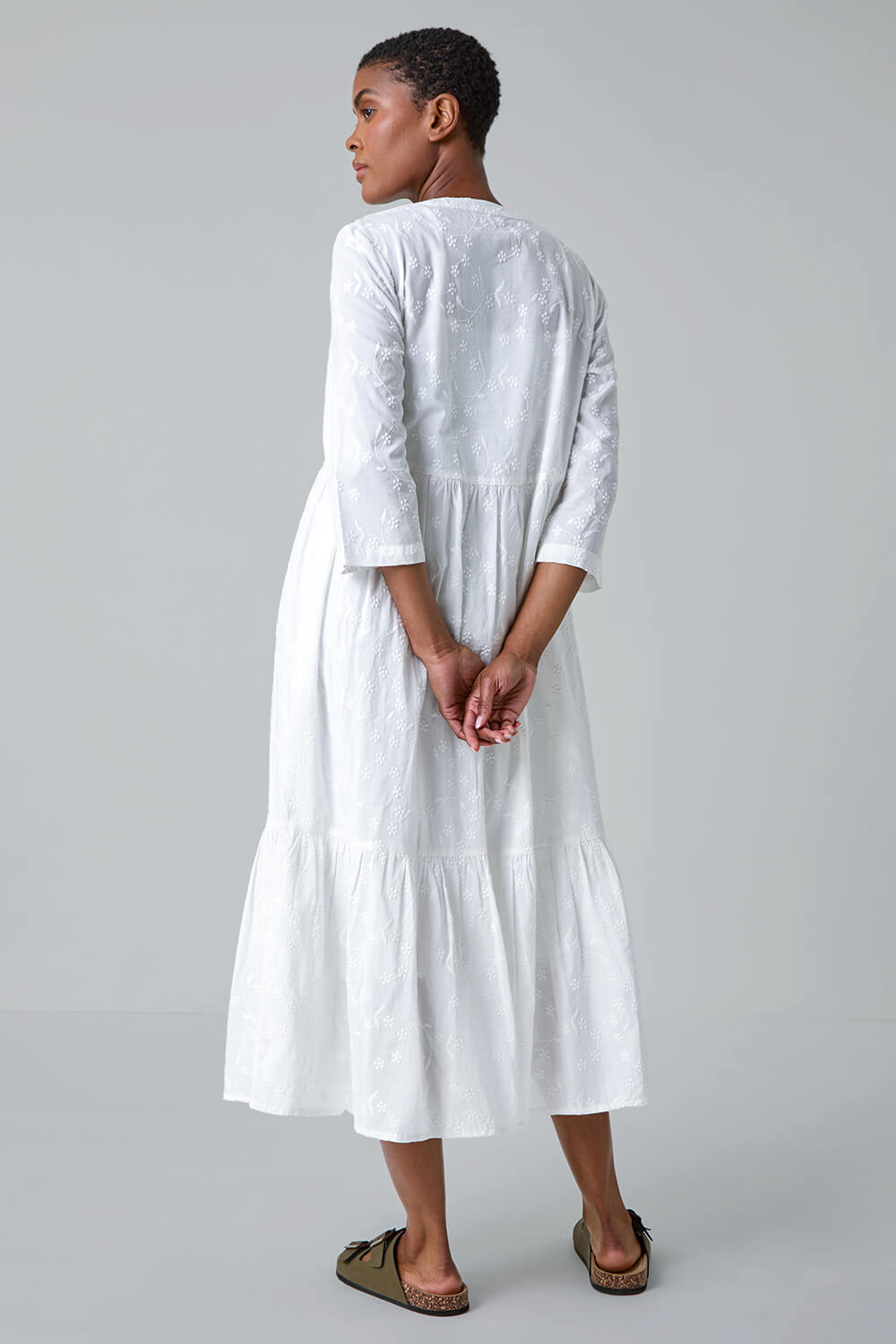 White Embroidered Tiered Cotton Midi Dress, Image 2 of 6