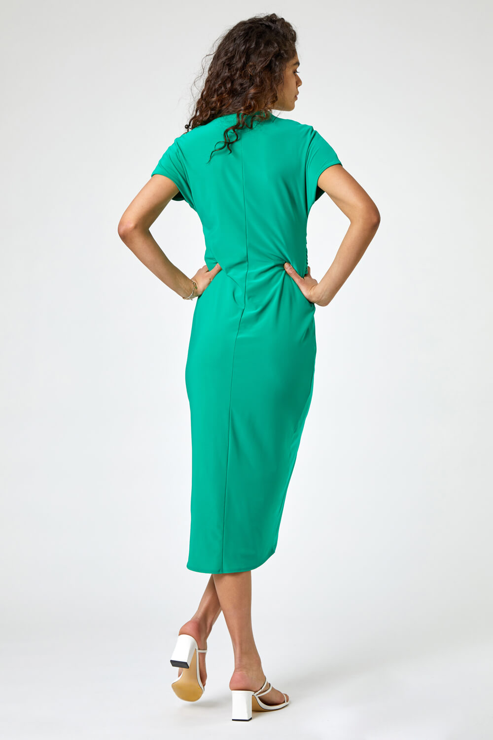 Green Ruched Front Midi Wrap Dress, Image 2 of 3