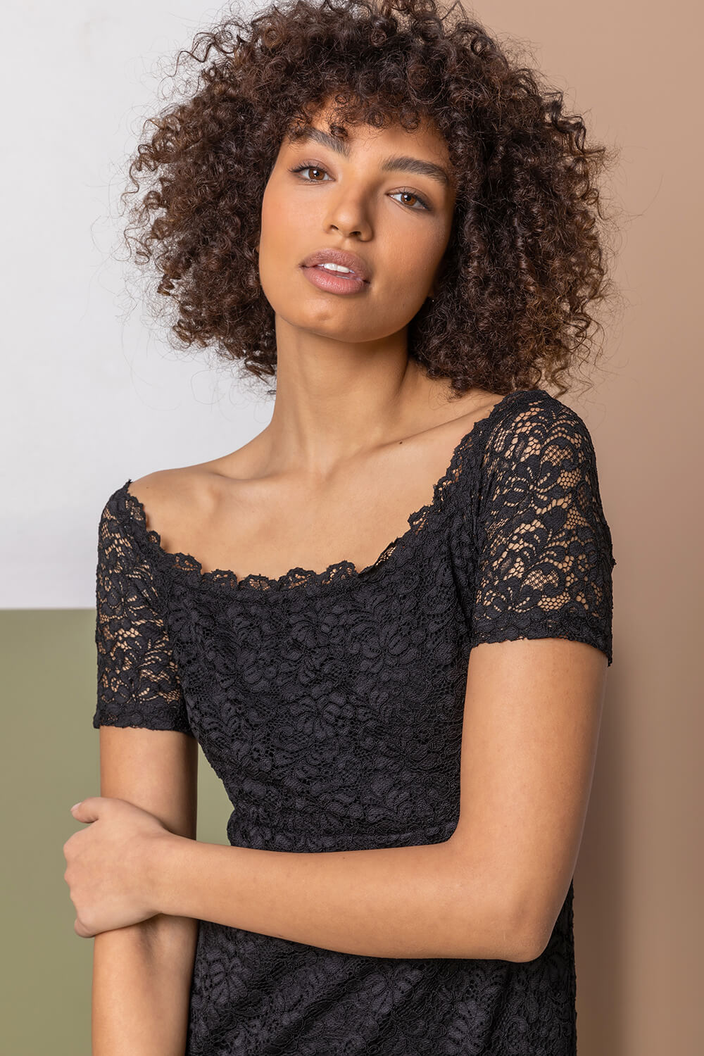 Black Lace Fitted Bardot Dress, Image 4 of 5