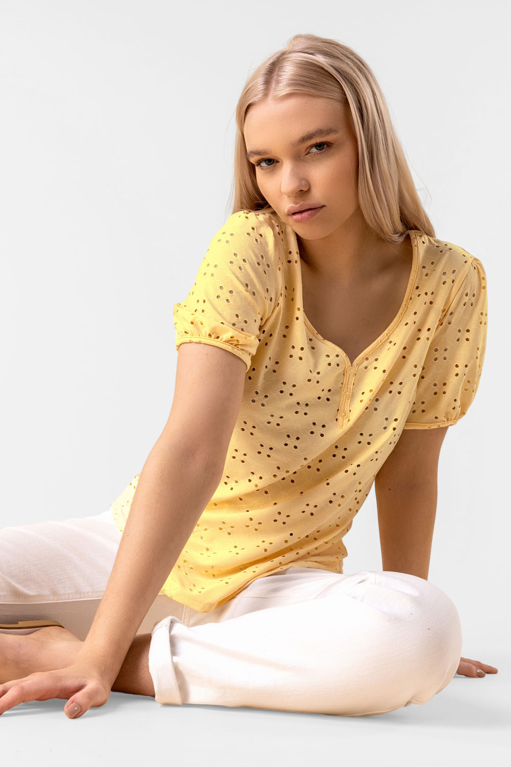 Yellow Button Detail Broderie Top, Image 4 of 4