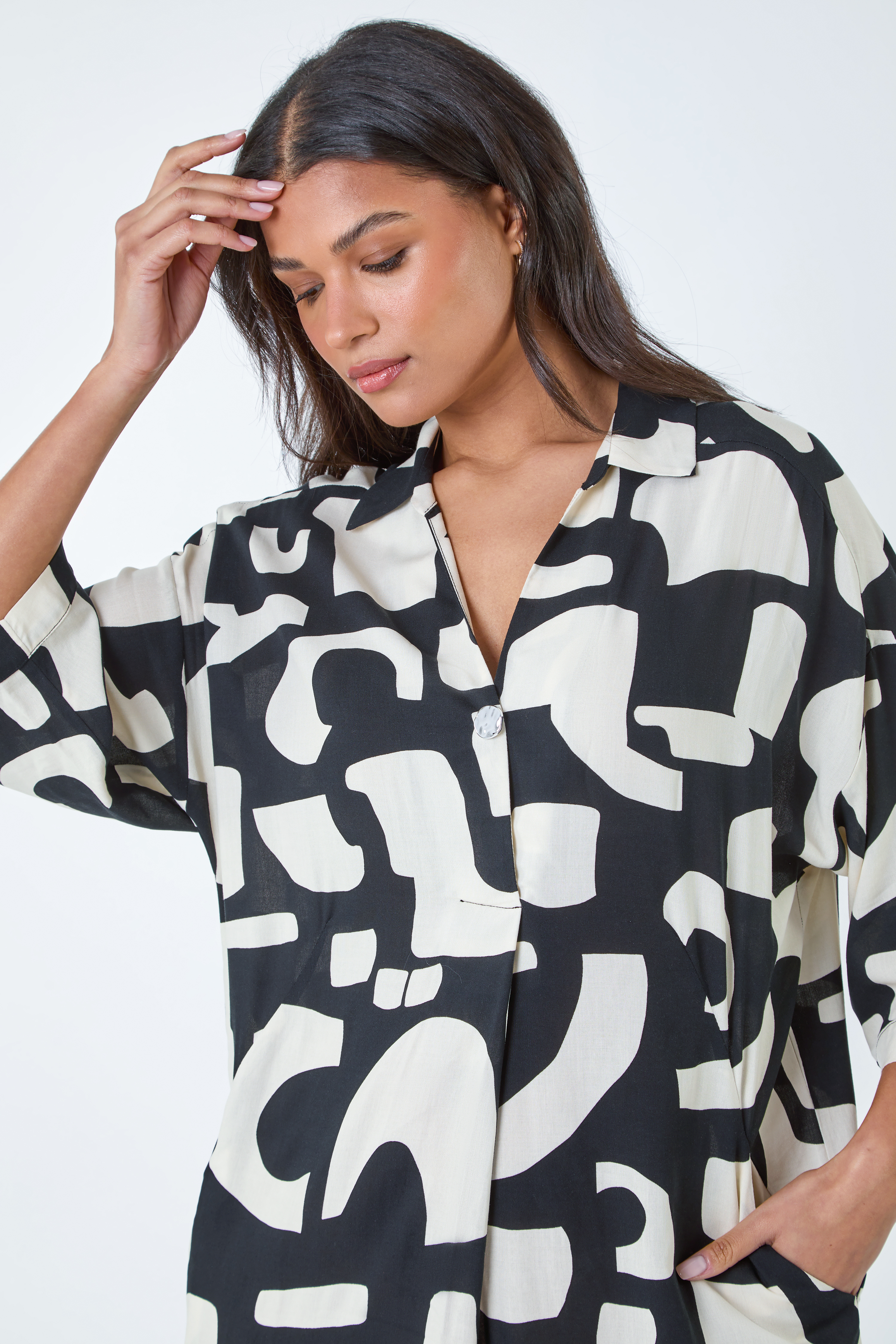 Black Abstract Pocket Detail Cocoon Shirt Dress, Image 4 of 5