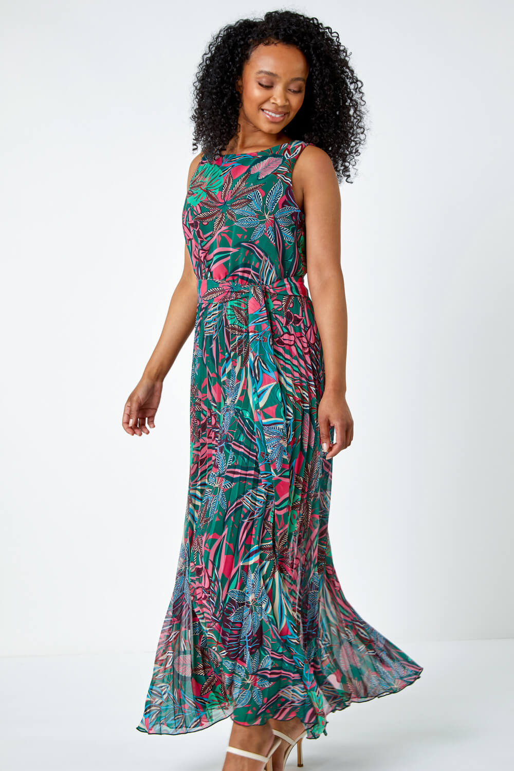 Green Petite Floral Pleated Maxi Dress, Image 2 of 5