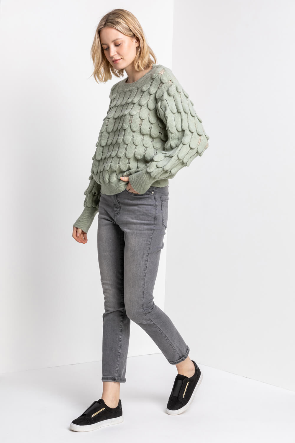 Sage Scallop Textured Knit Jumper, Image 3 of 5
