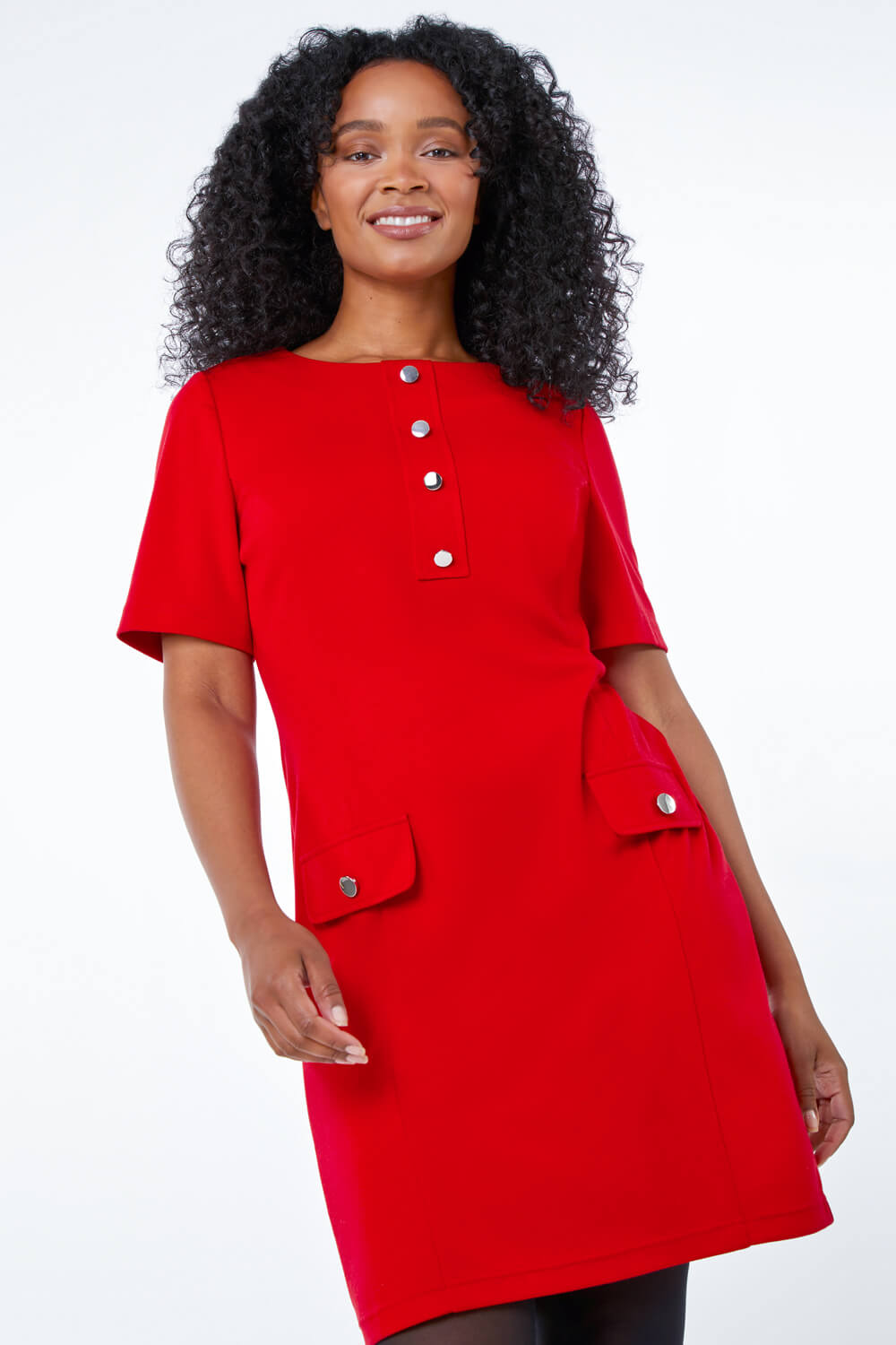 Red Petite Button Detail Shift Dress, Image 4 of 5