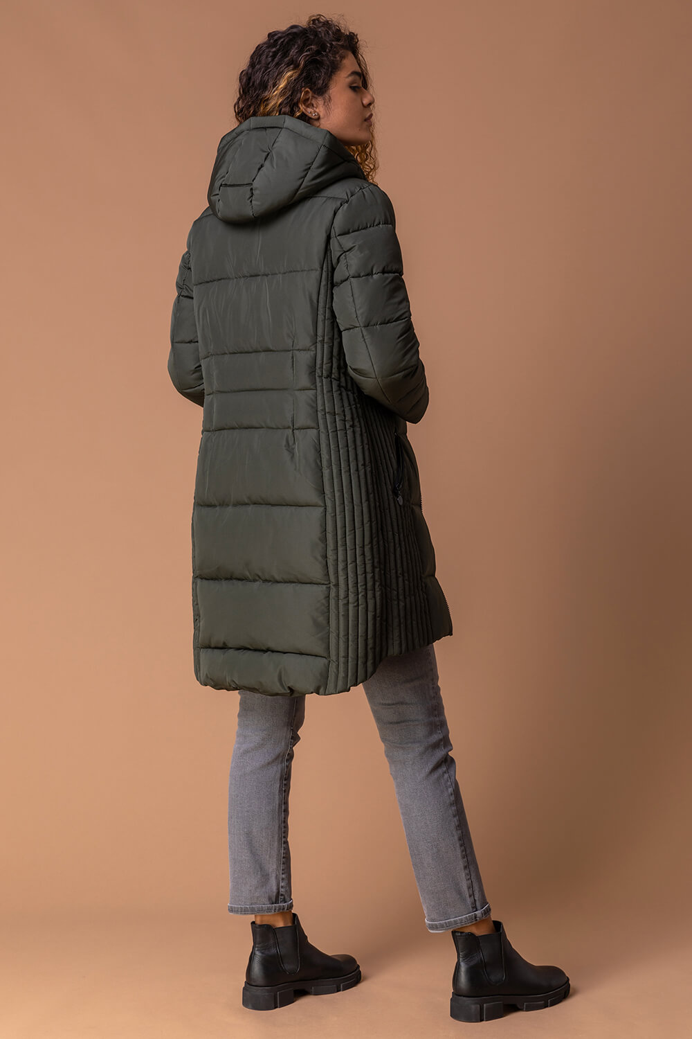 Olive Quilted Longline Hooded Coat, Image 2 of 5