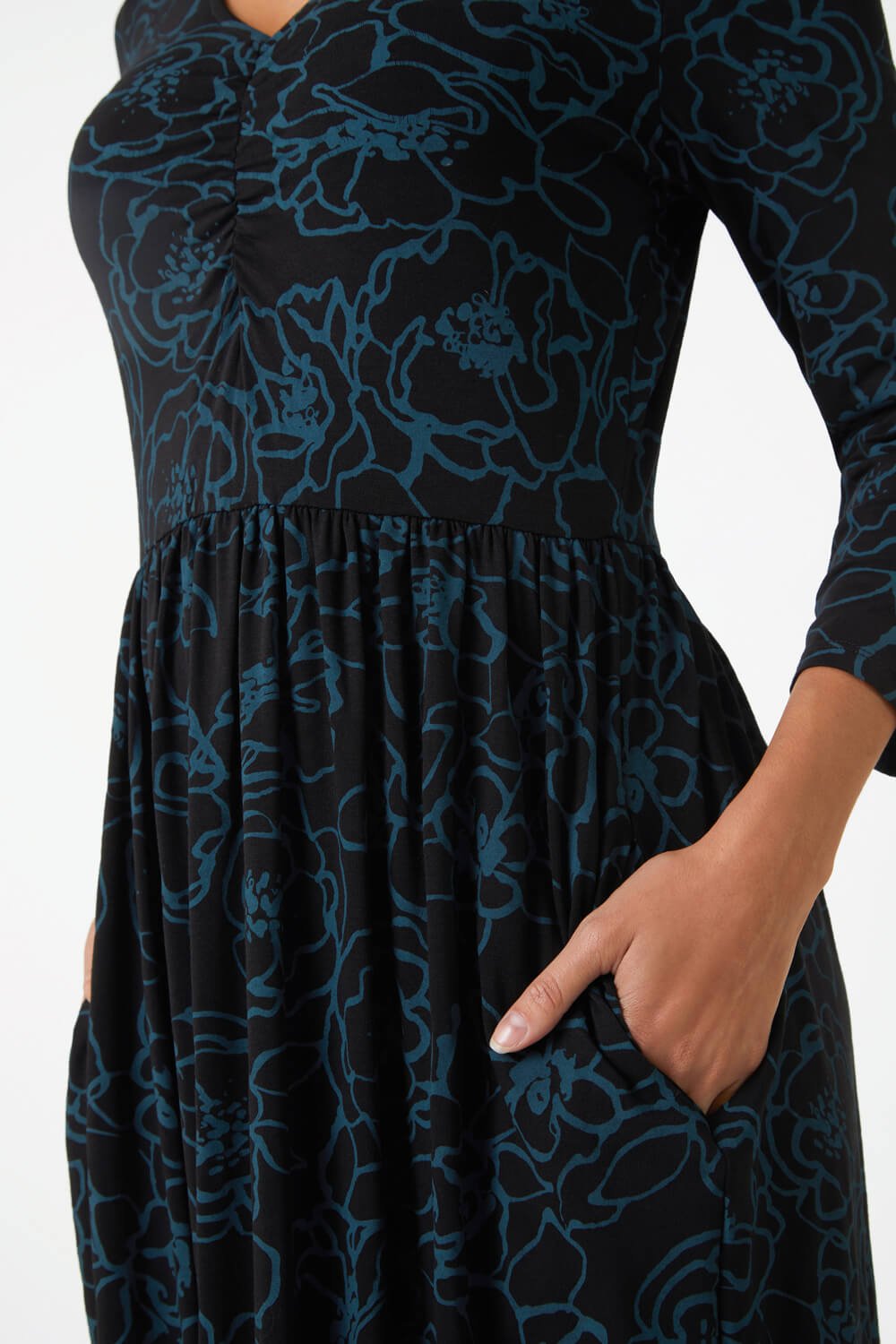 Teal Floral Print Pocket Stretch Midi Dress, Image 5 of 5