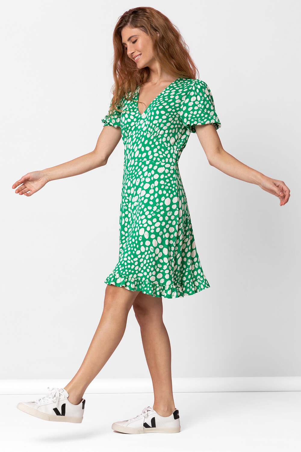 Green Ditsy Spot Frill Detail Tea Dress, Image 4 of 5