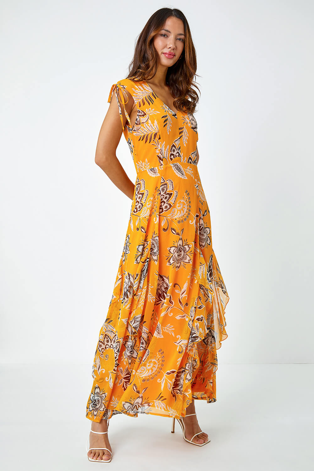 Yellow Sleeveless Floral Frill Maxi Dress, Image 2 of 5