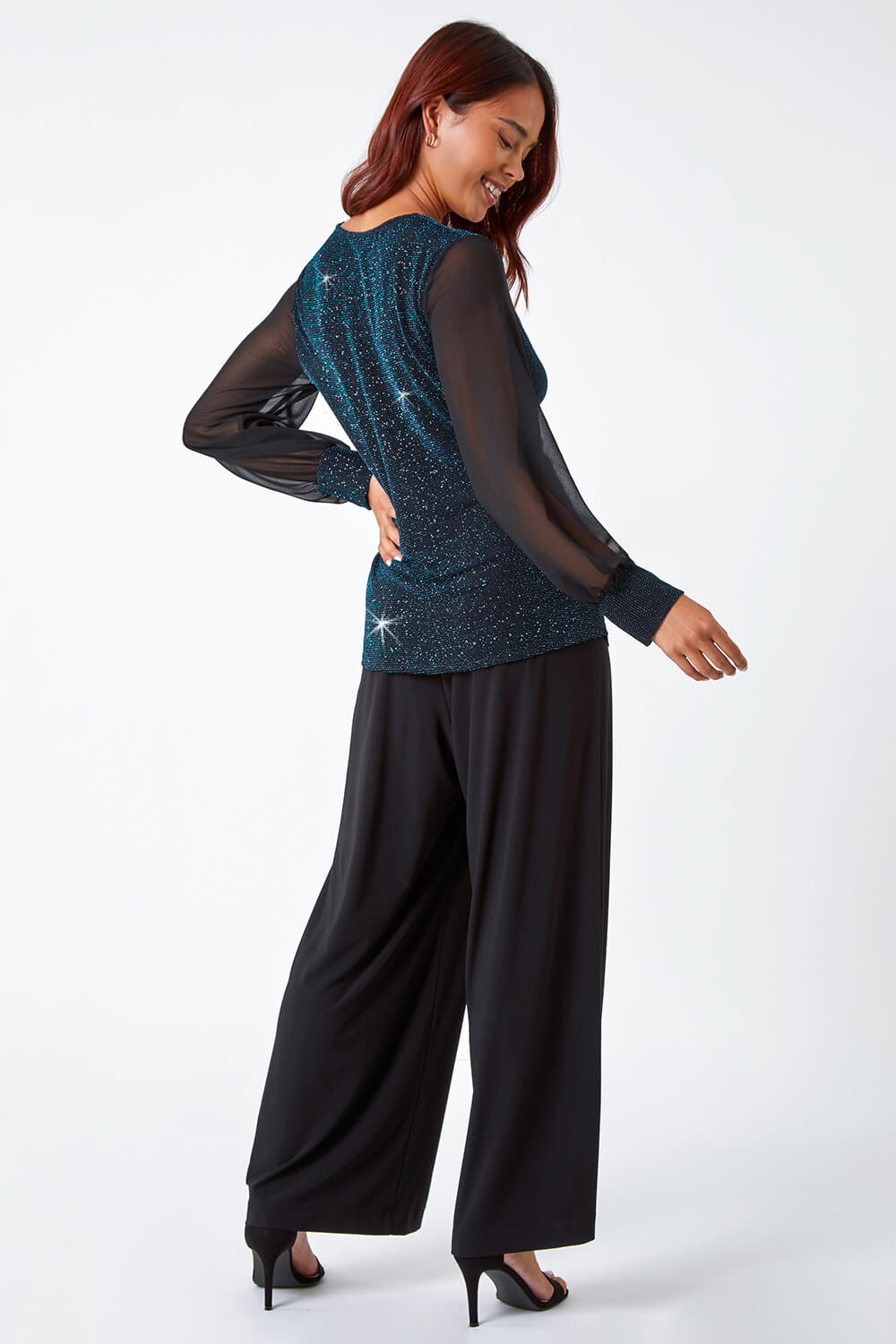 Teal Petite Twist Front Chiffon Sleeve Stretch Top, Image 3 of 5
