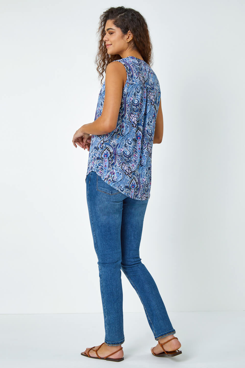 Blue Paisley Print Sleeveless Stretch Top, Image 3 of 5