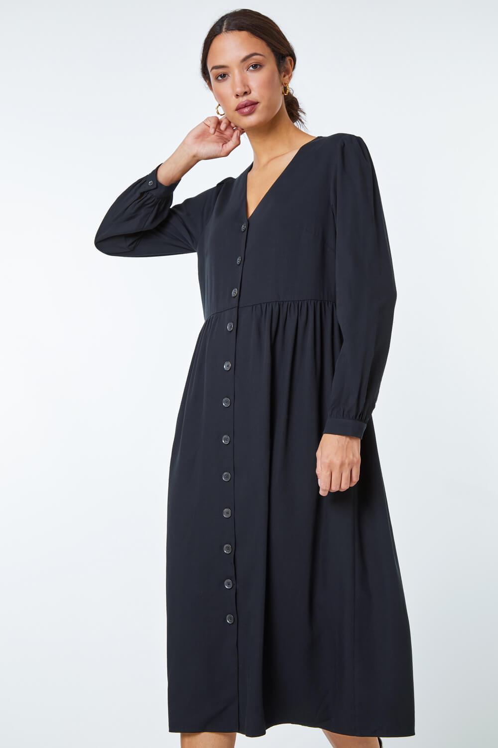 Black Button Through Midi Dress, Image 3 of 5
