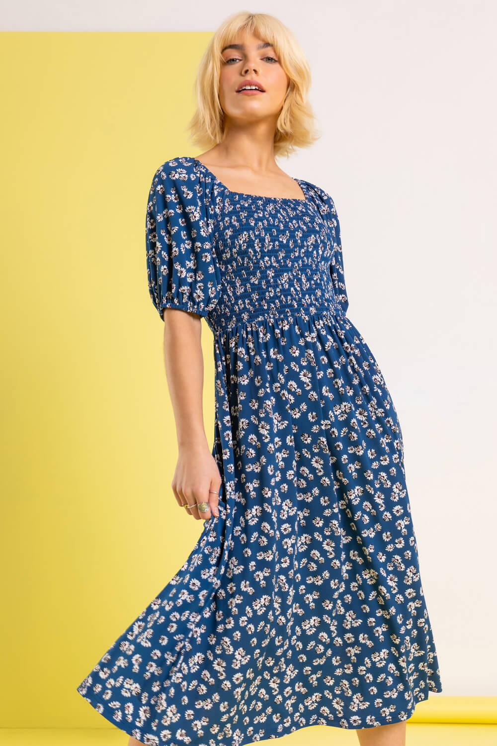 Ditsy Floral Shirred Midi Dress in Blue - Roman Originals UK