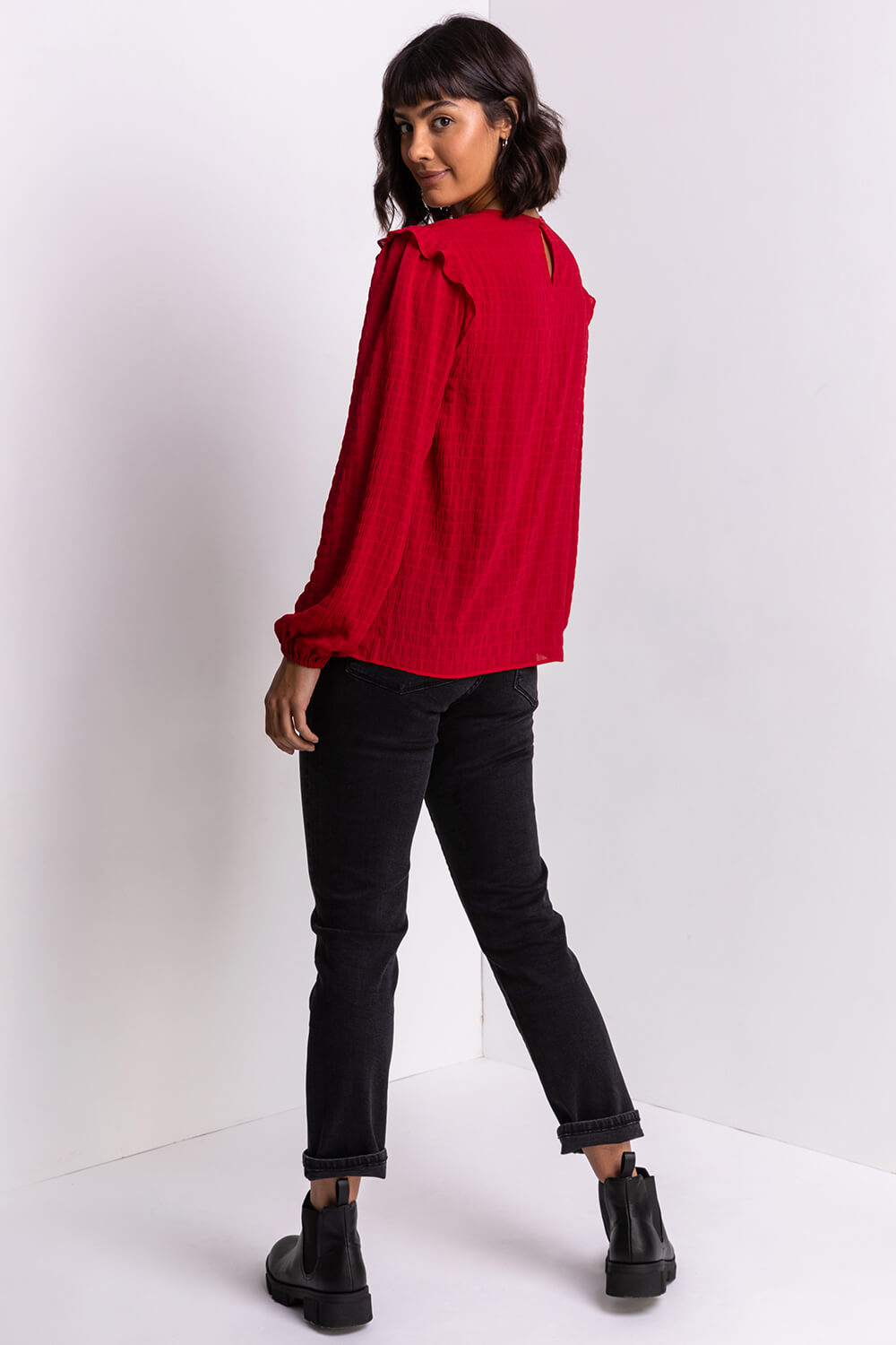 Red Textured Check Frill Detail Blouse, Image 2 of 5