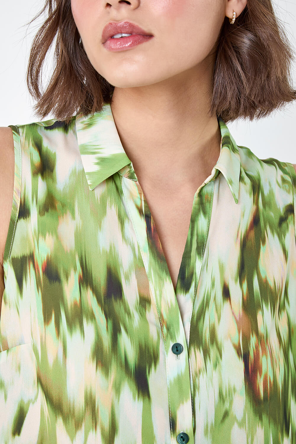 Green Abstract Print Sleeveless Button Blouse, Image 5 of 5