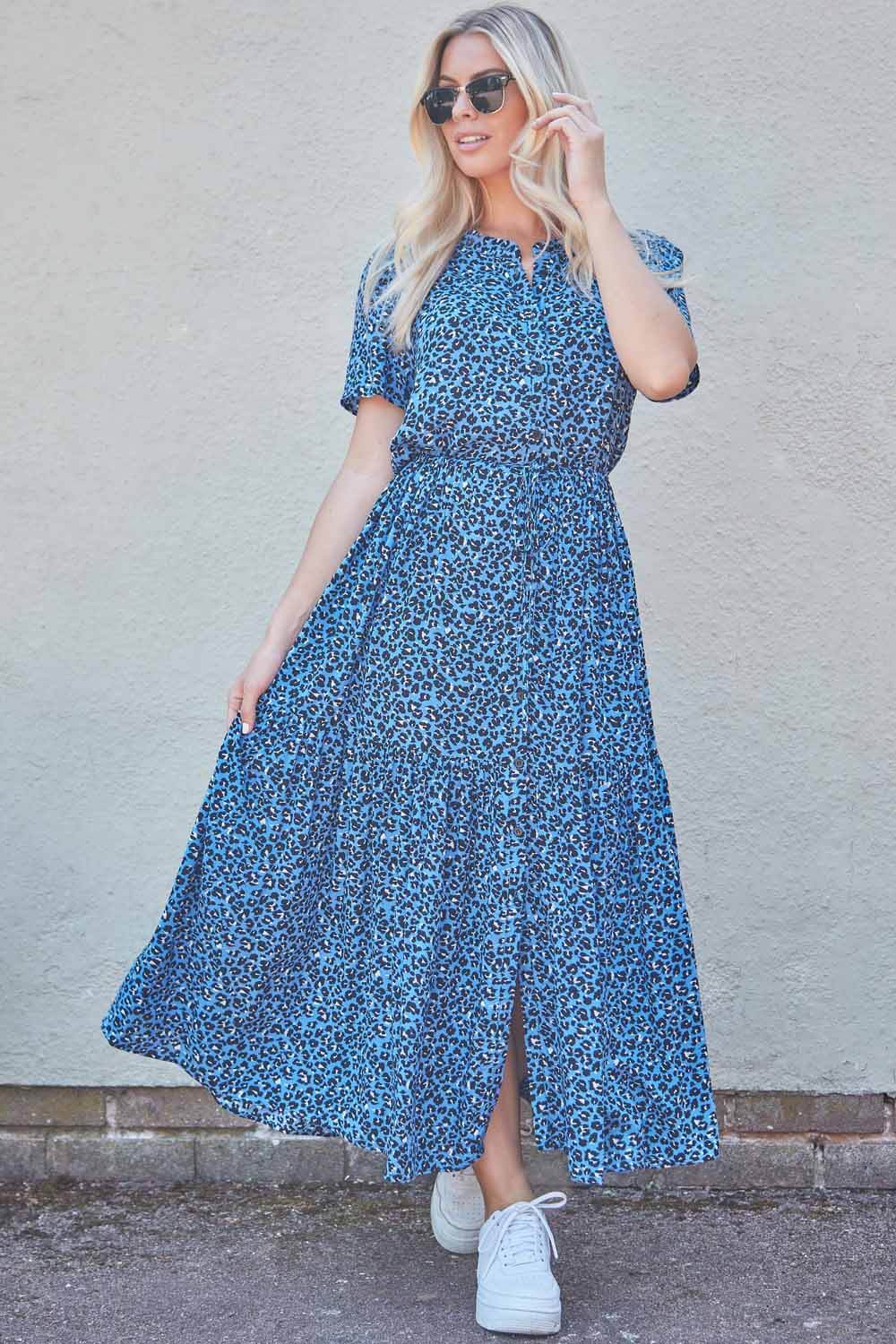 Animal Print Button Through Maxi Dress in Blue - Roman Originals UK