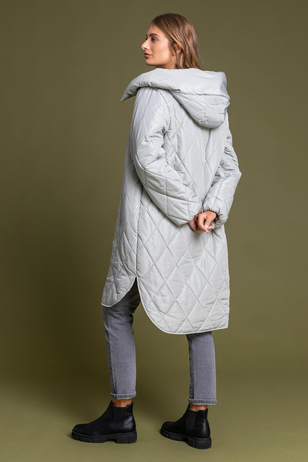 Sage Hooded Longline Quilted Coat, Image 2 of 5