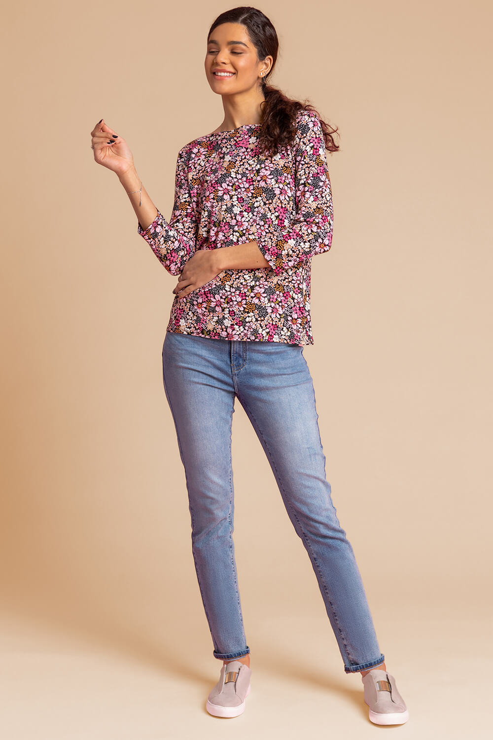PINK Ditsy Floral Print Jersey Top, Image 3 of 4