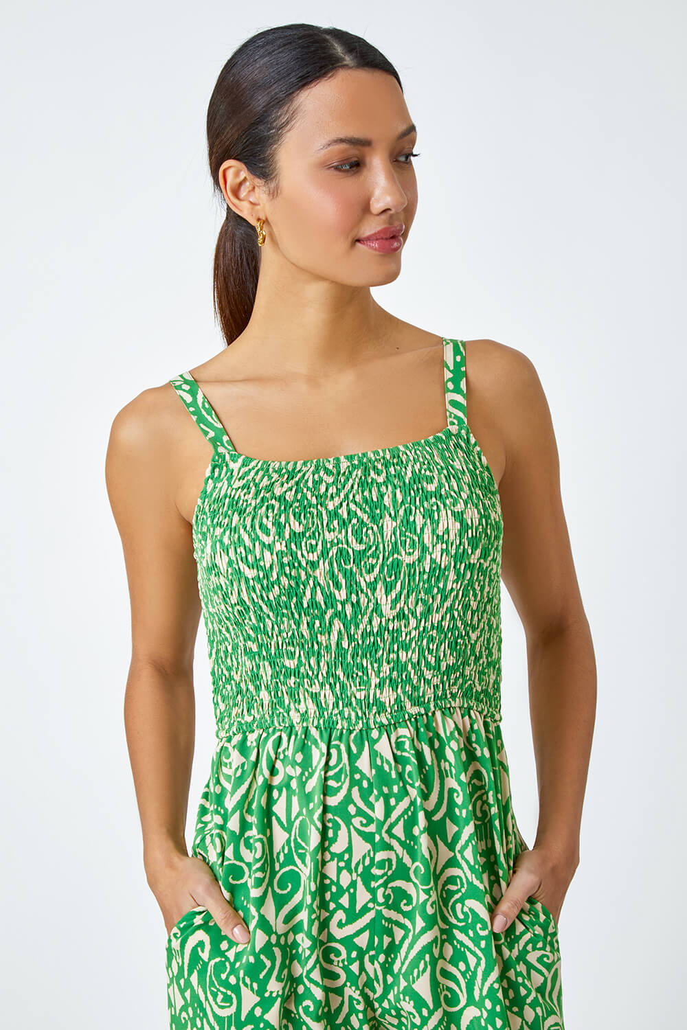Green Aztec Print Crop Shirred Jumpsuit, Image 4 of 5