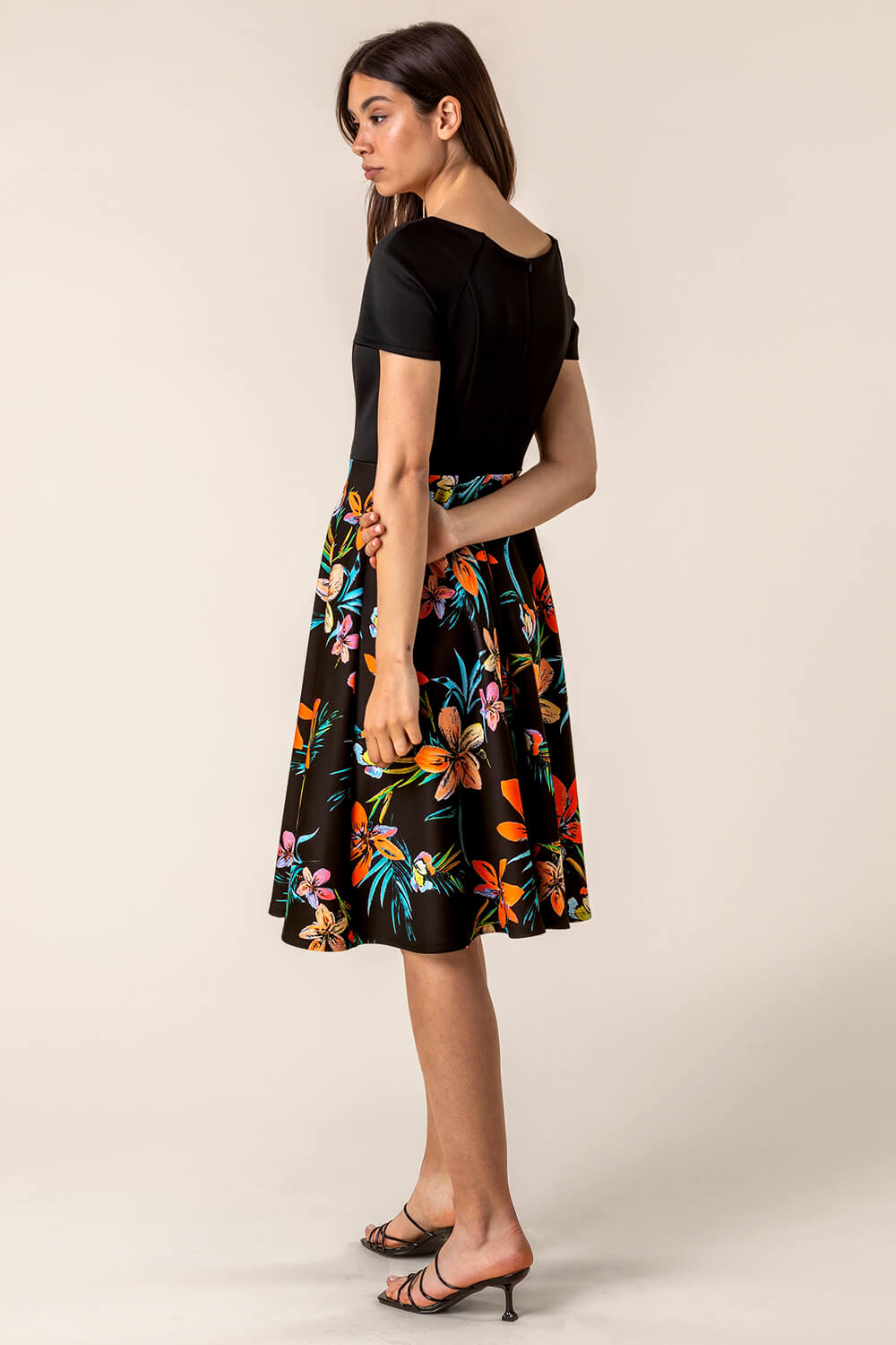 Black Tropical Print Fit & Flare Dress, Image 2 of 4