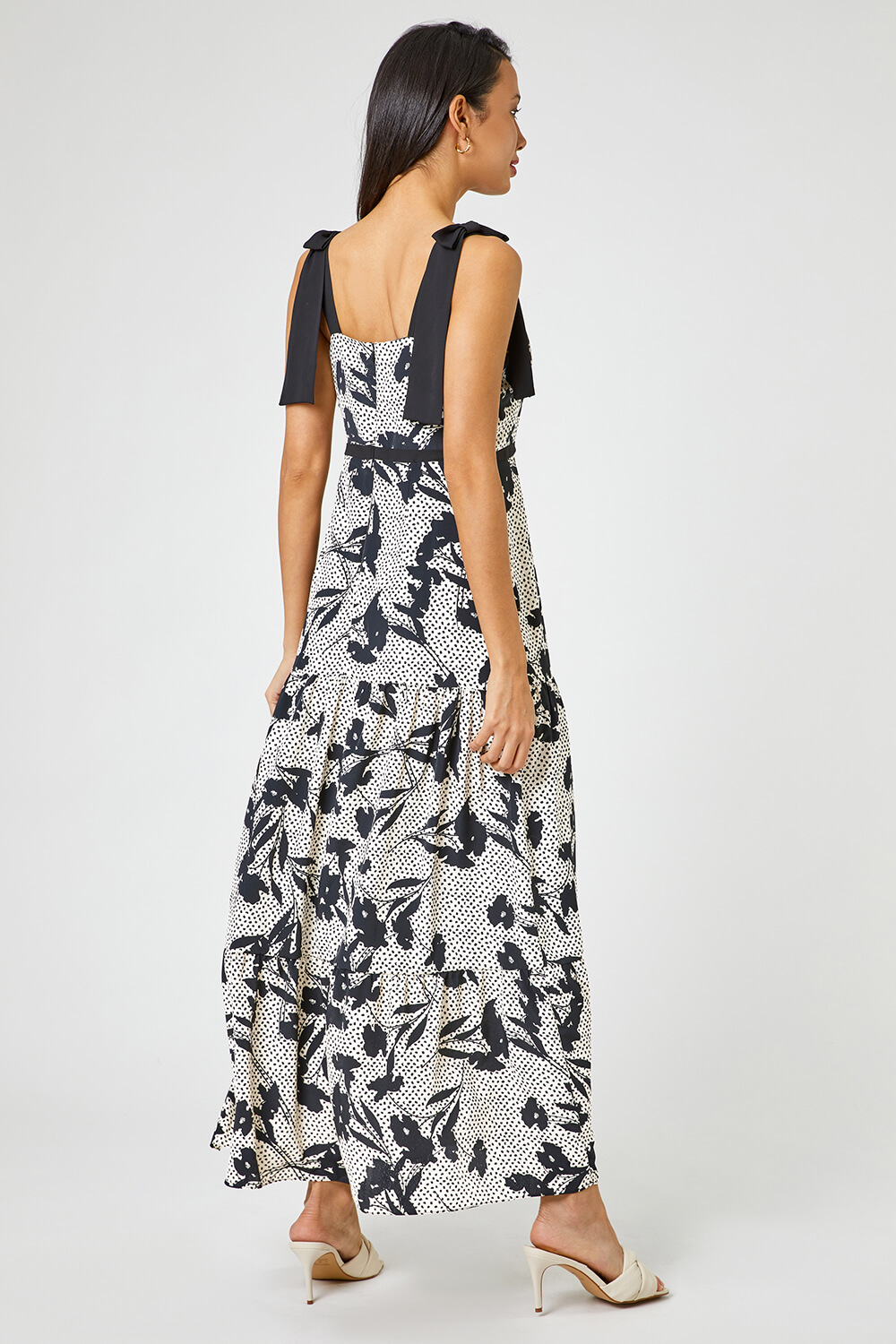 Cream  Tiered Contrast Spot Floral Print Maxi Dress, Image 3 of 5