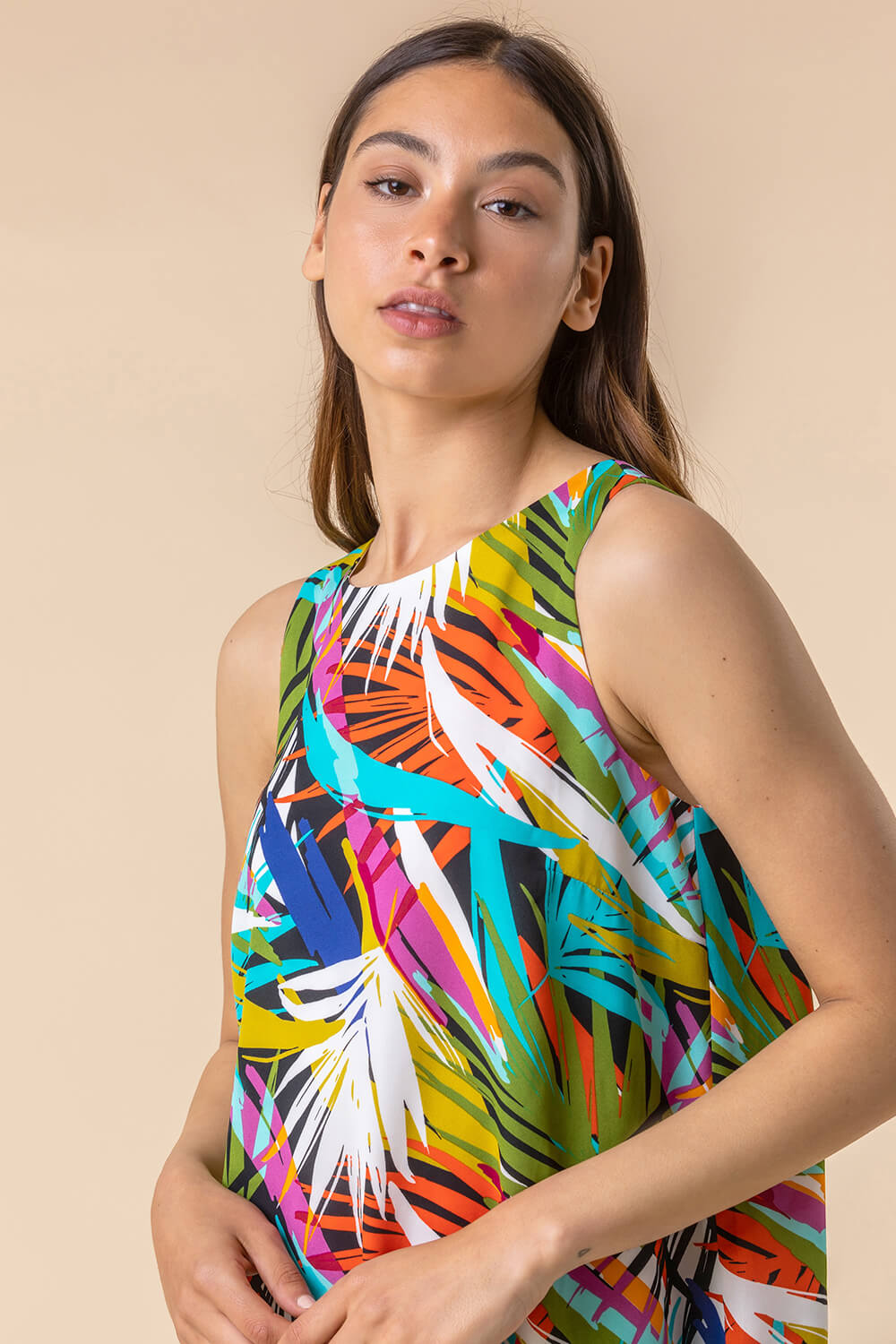 Multi  Tropical Leaf Print Layered Top, Image 4 of 5