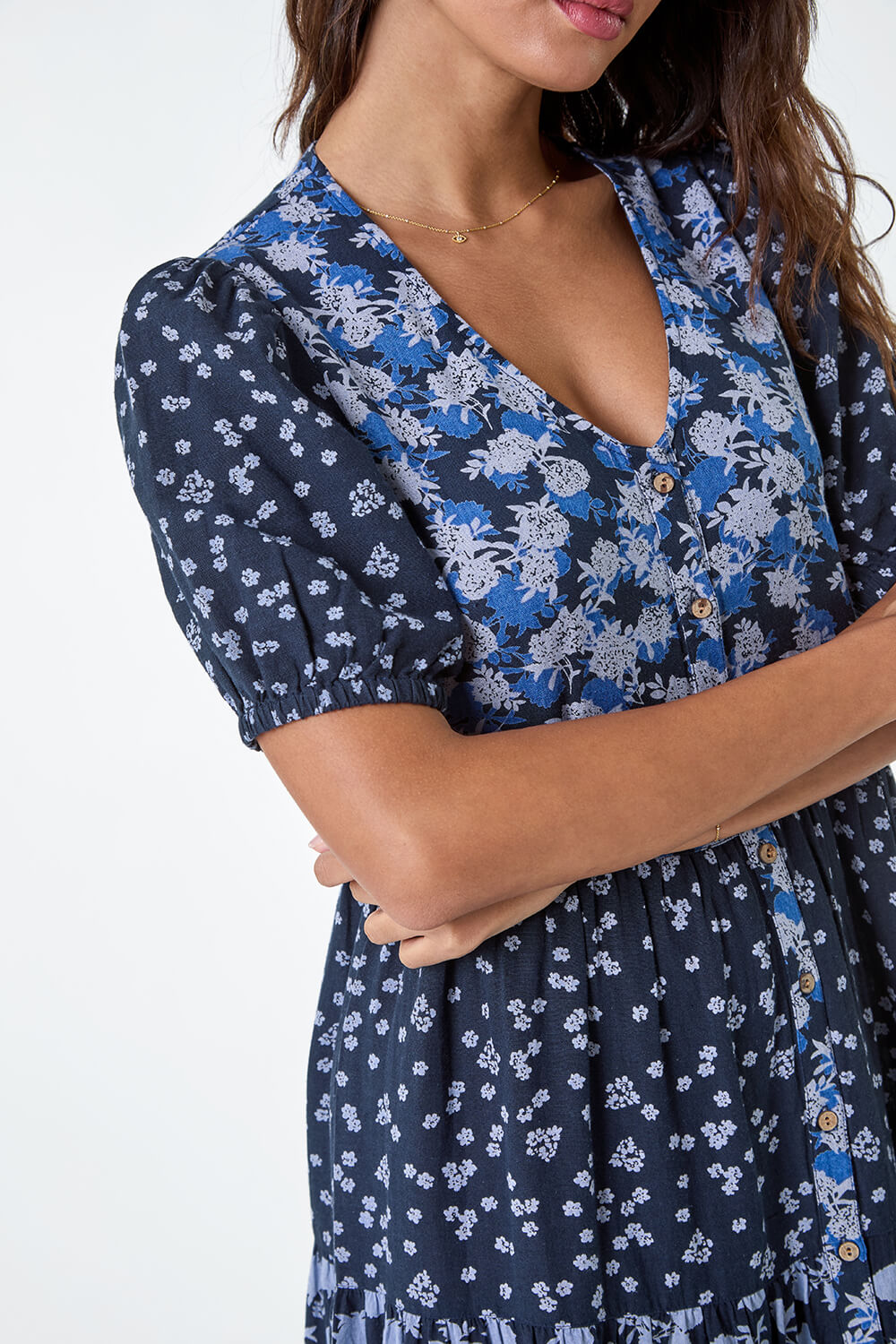 Navy  Floral Cotton Blend Tiered Smock Dress, Image 5 of 5