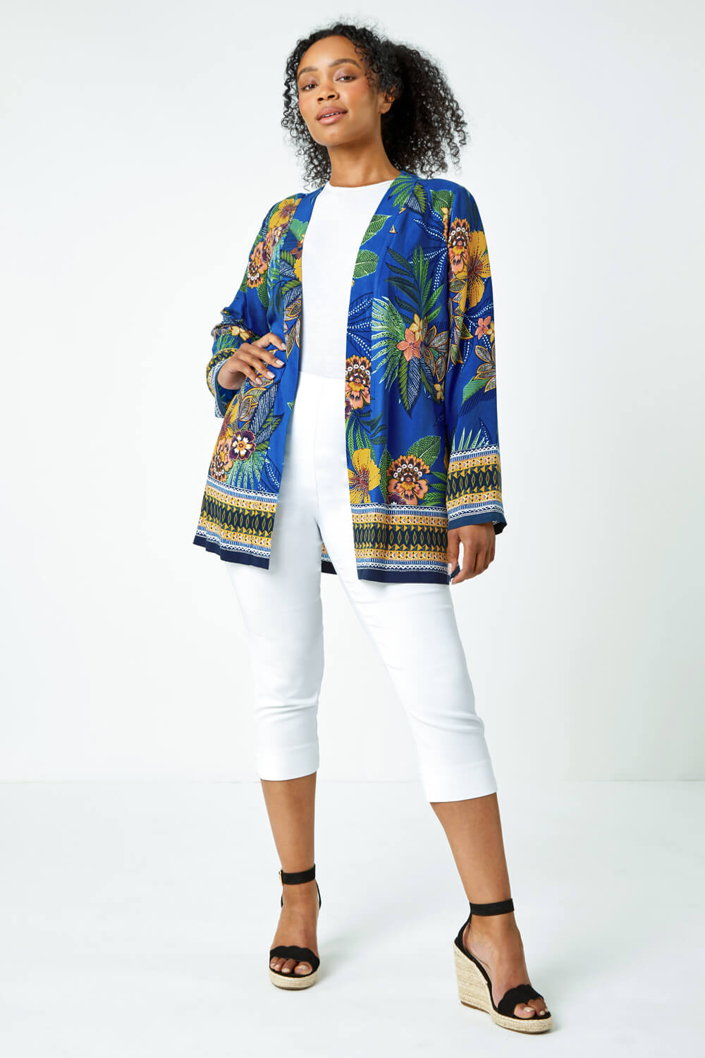 Blue Petite Tropical Print Kimono Jacket, Image 2 of 5