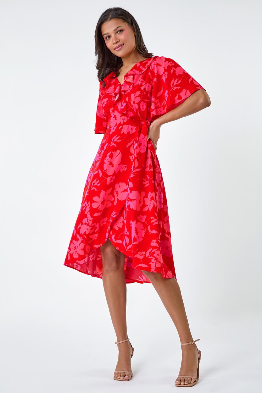 Red Floral Print Wrap Midi Dress, Image 2 of 5