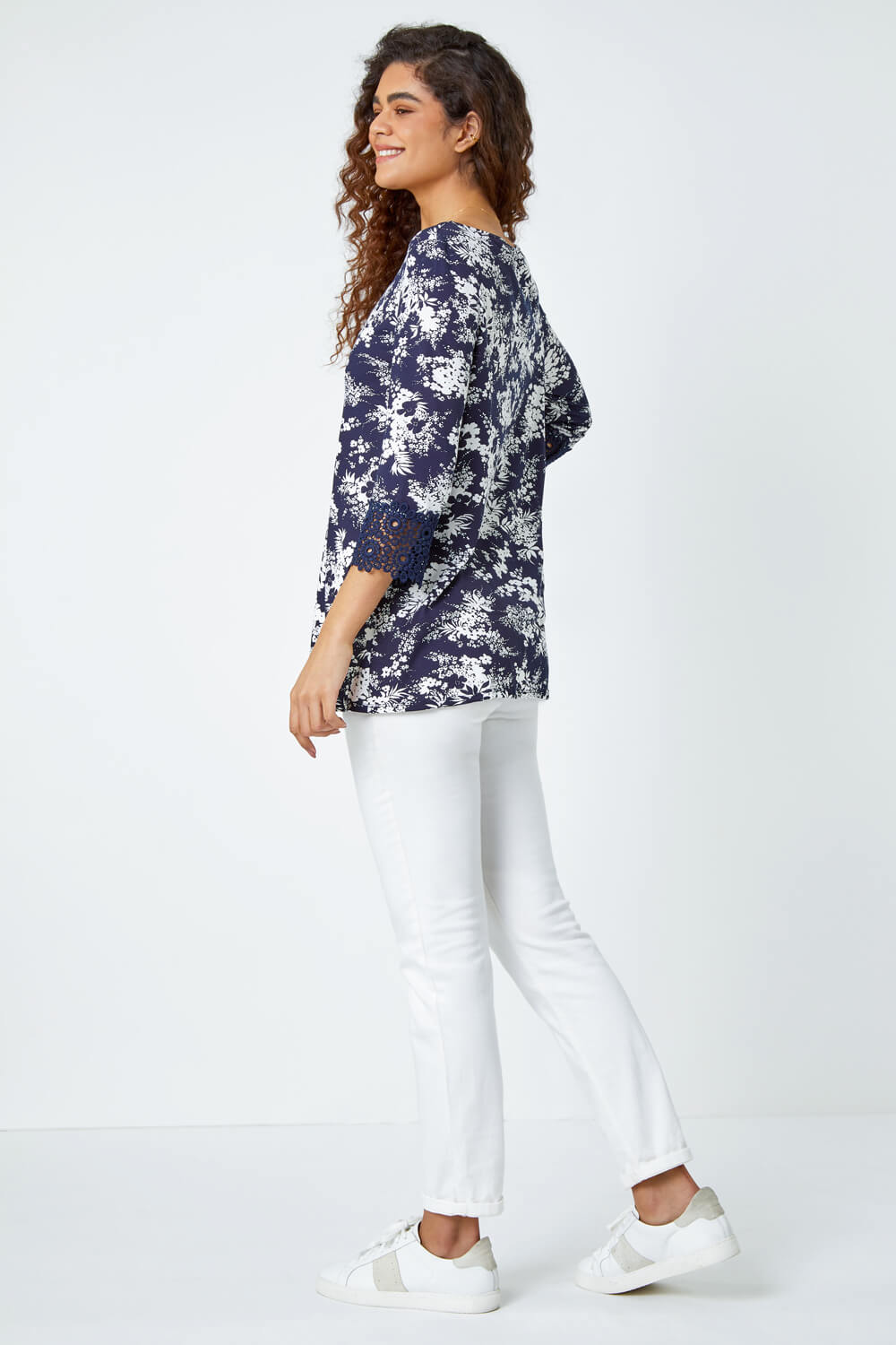 Navy  Floral Lace Trim Stretch Top, Image 3 of 5