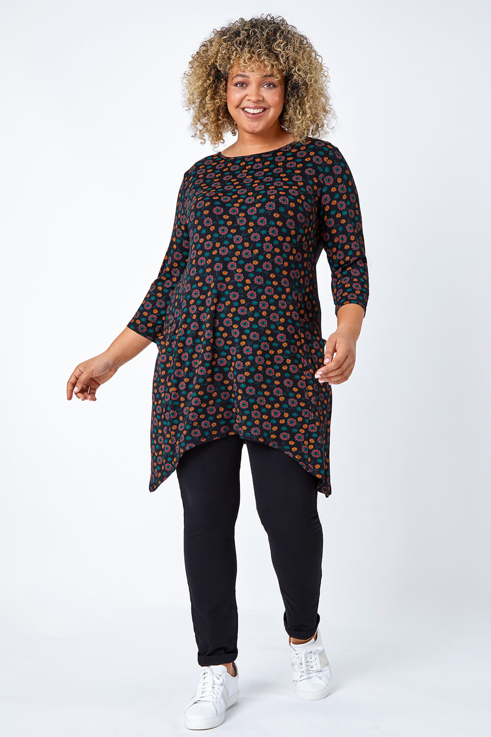 Rust Curve Floral Pocket Detail Stretch Tunic Top, Image 2 of 5