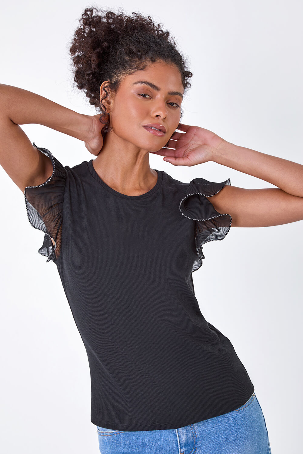 Ribbed Stretch Frill Detail Top