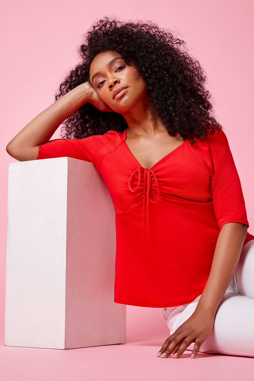 Red Petite Ruched Ribbed Stretch Top, Image 6 of 6
