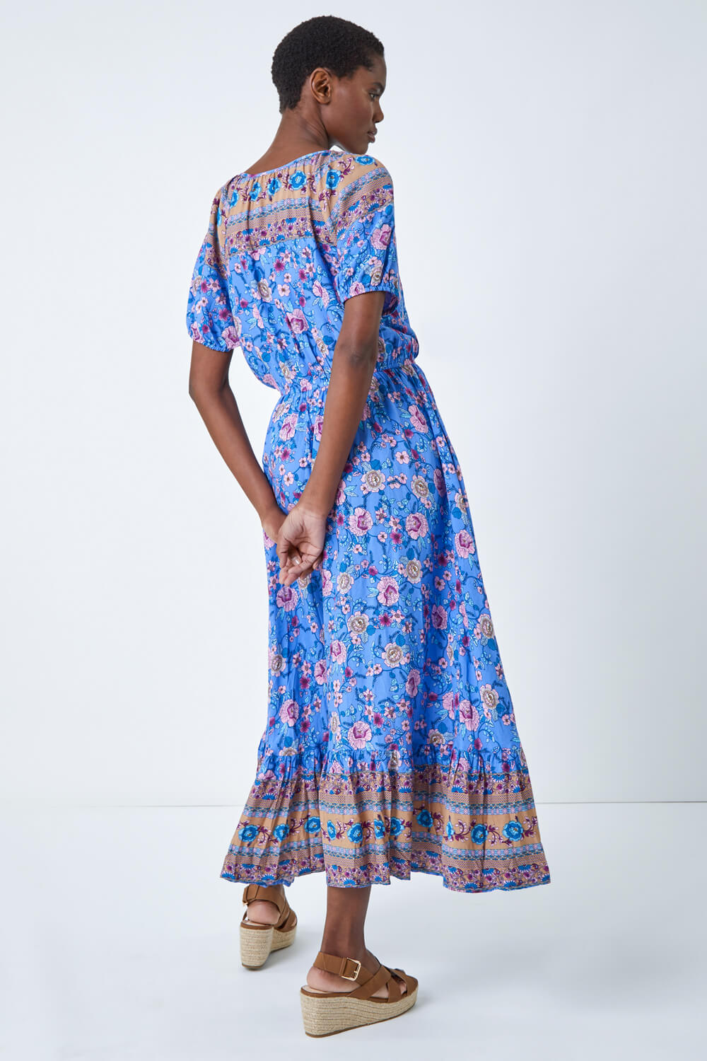 Blue Floral Print Keyhole Maxi Dress, Image 3 of 5