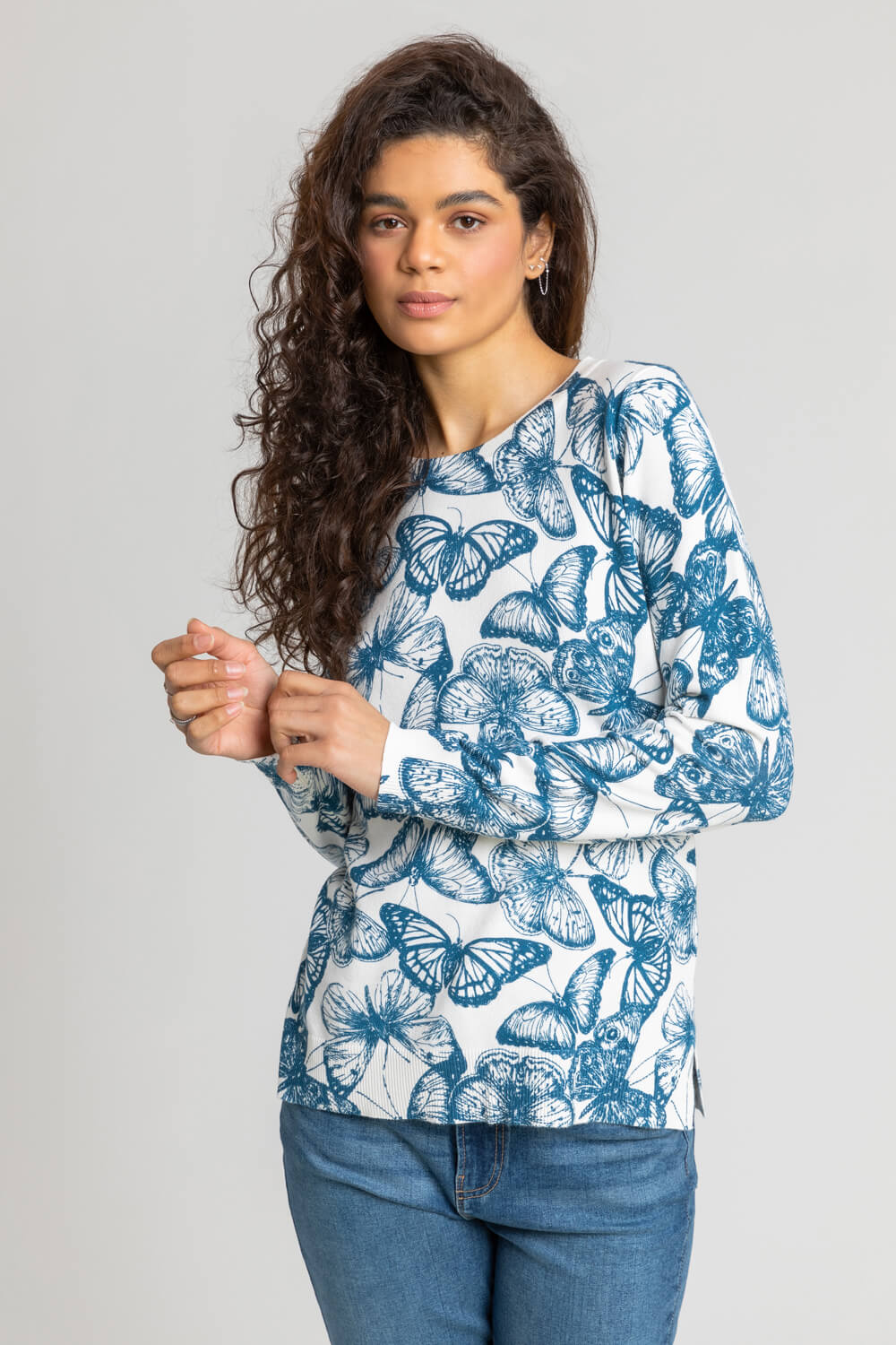 Blue Butterfly Print Crew Neck Jumper, Image 4 of 4