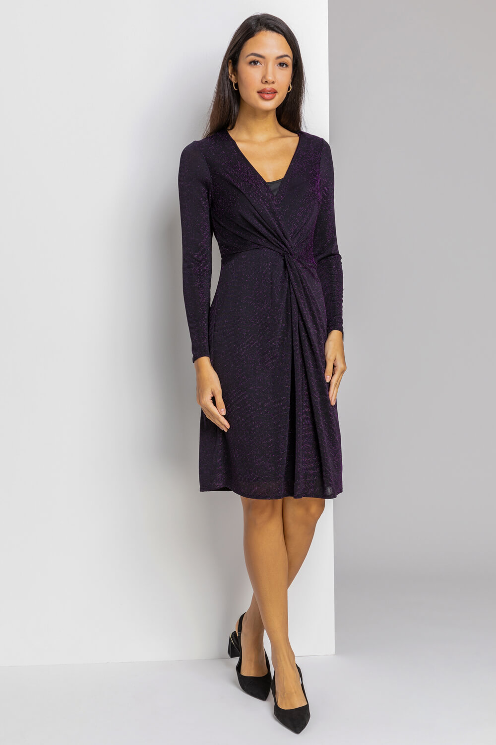 Purple Twist Front Sparkle Embellished Dress, Image 3 of 5