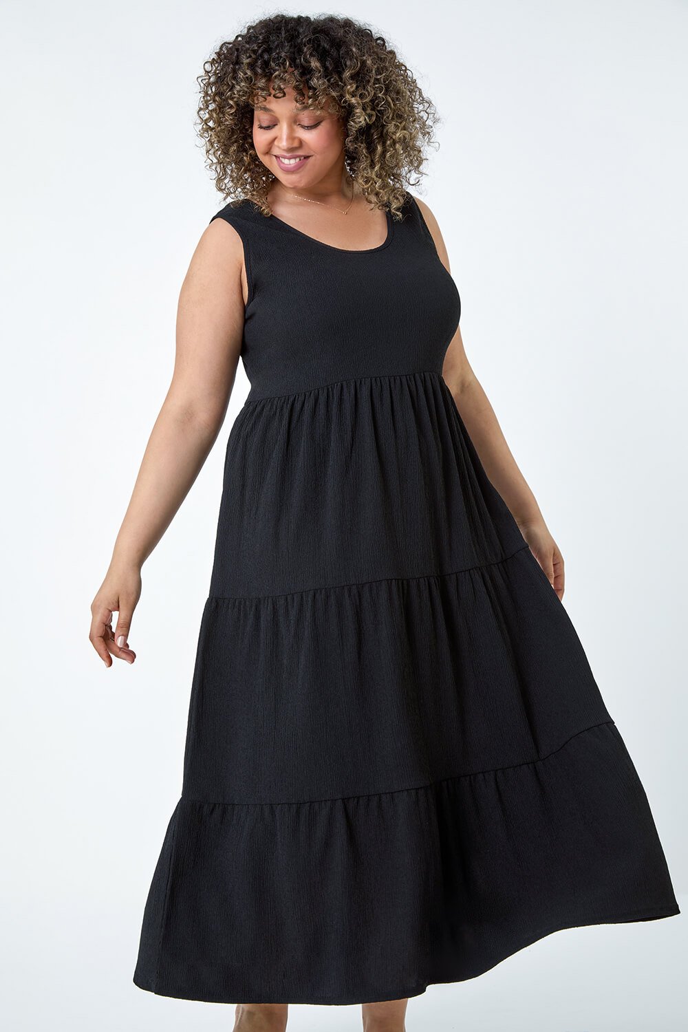 Black Curve Plain Textured Tiered Midi Dress, Image 4 of 5