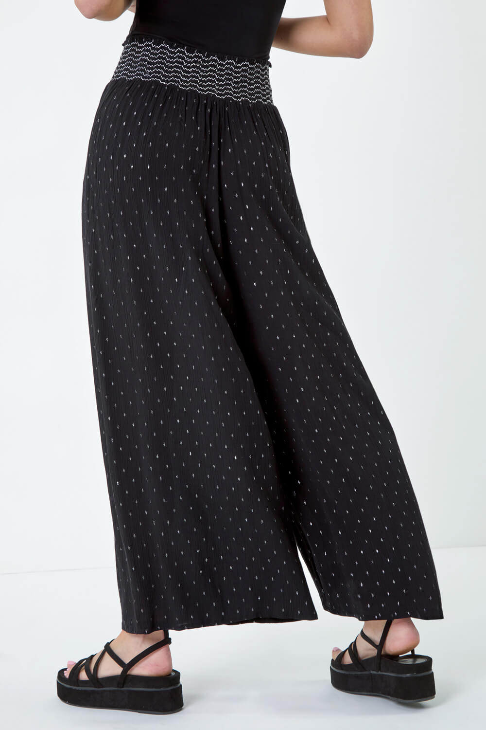 Black Shimmer Stretch Shirrred Wide Leg Trousers, Image 3 of 5