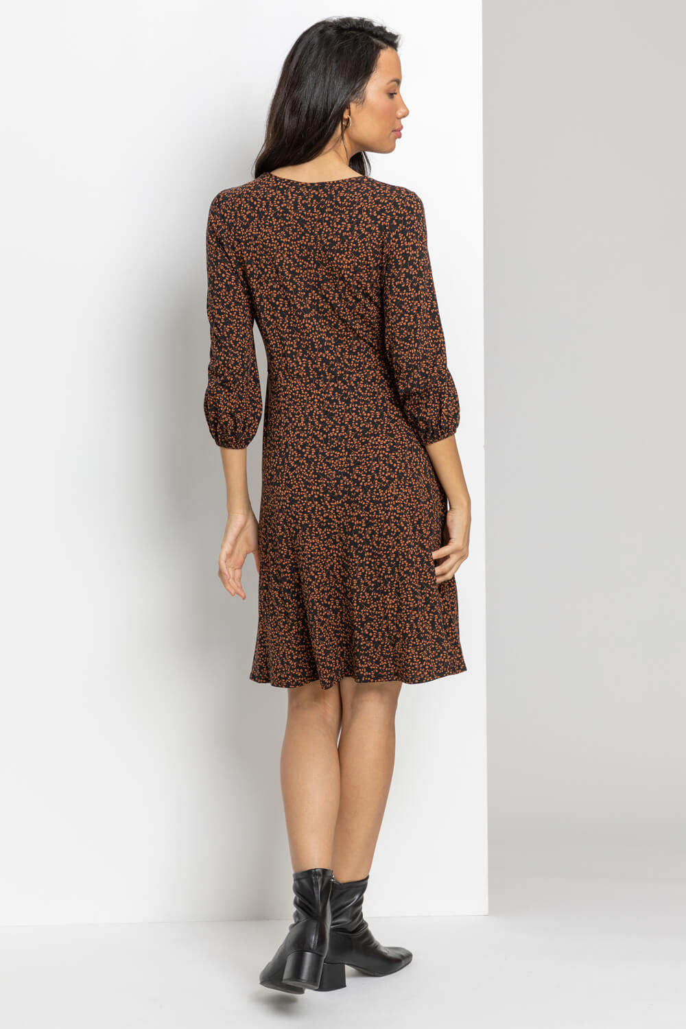 Brown Ditsy Floral Print Dress, Image 2 of 4