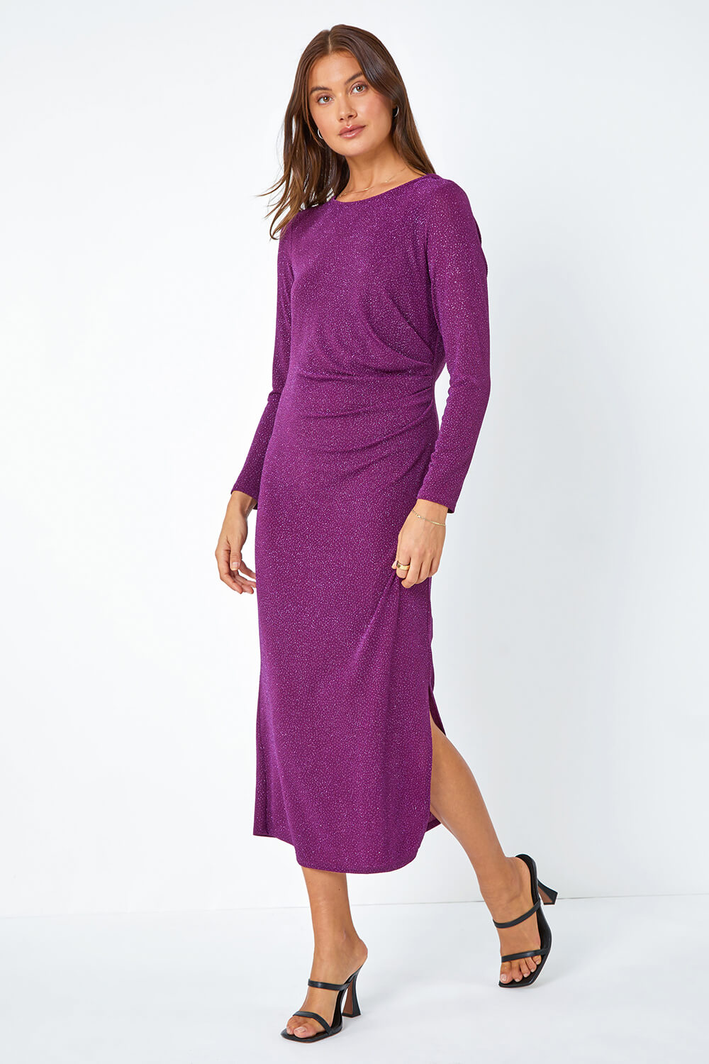 Purple Glitter Cowl Back Stretch Ruched Midi Dress, Image 3 of 5