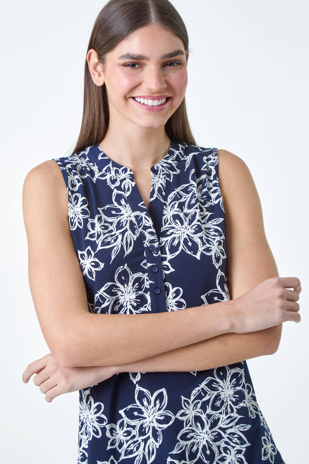 Navy  Sleeveless Floral Print Stretch Top, Image 4 of 5