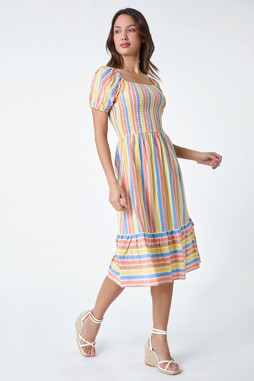 Yellow Stripe Shirred Puff Sleeve Cotton Dress, Image 2 of 6
