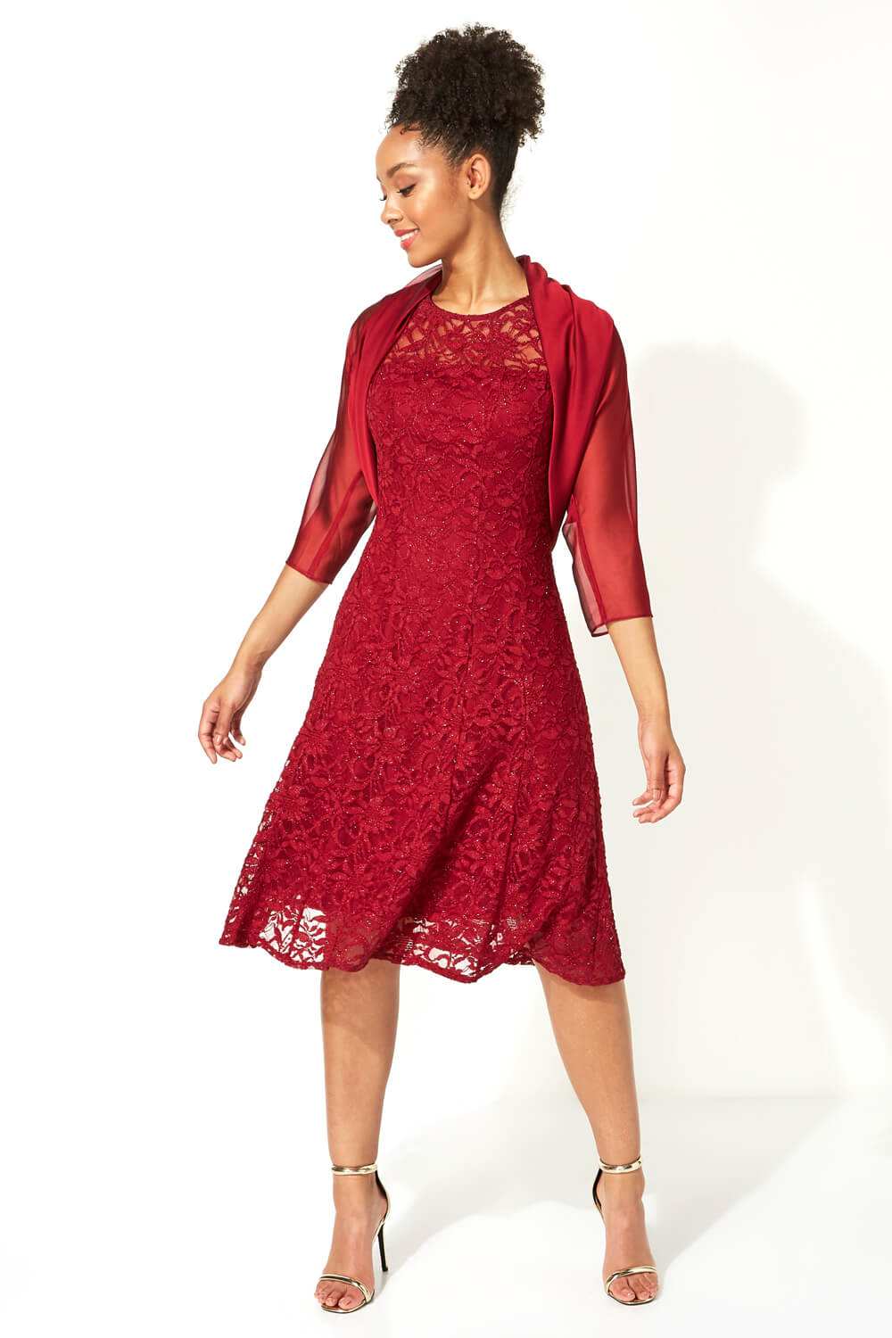 Red Glitter Lace Fit and Flare Dress , Image 4 of 5