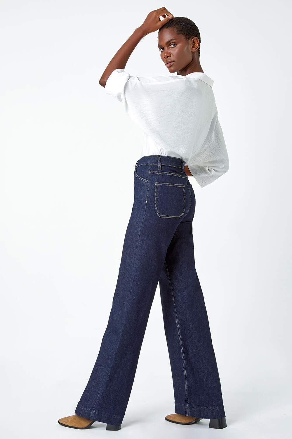 Indigo Wide Leg Stretch Denim Jeans, Image 4 of 6