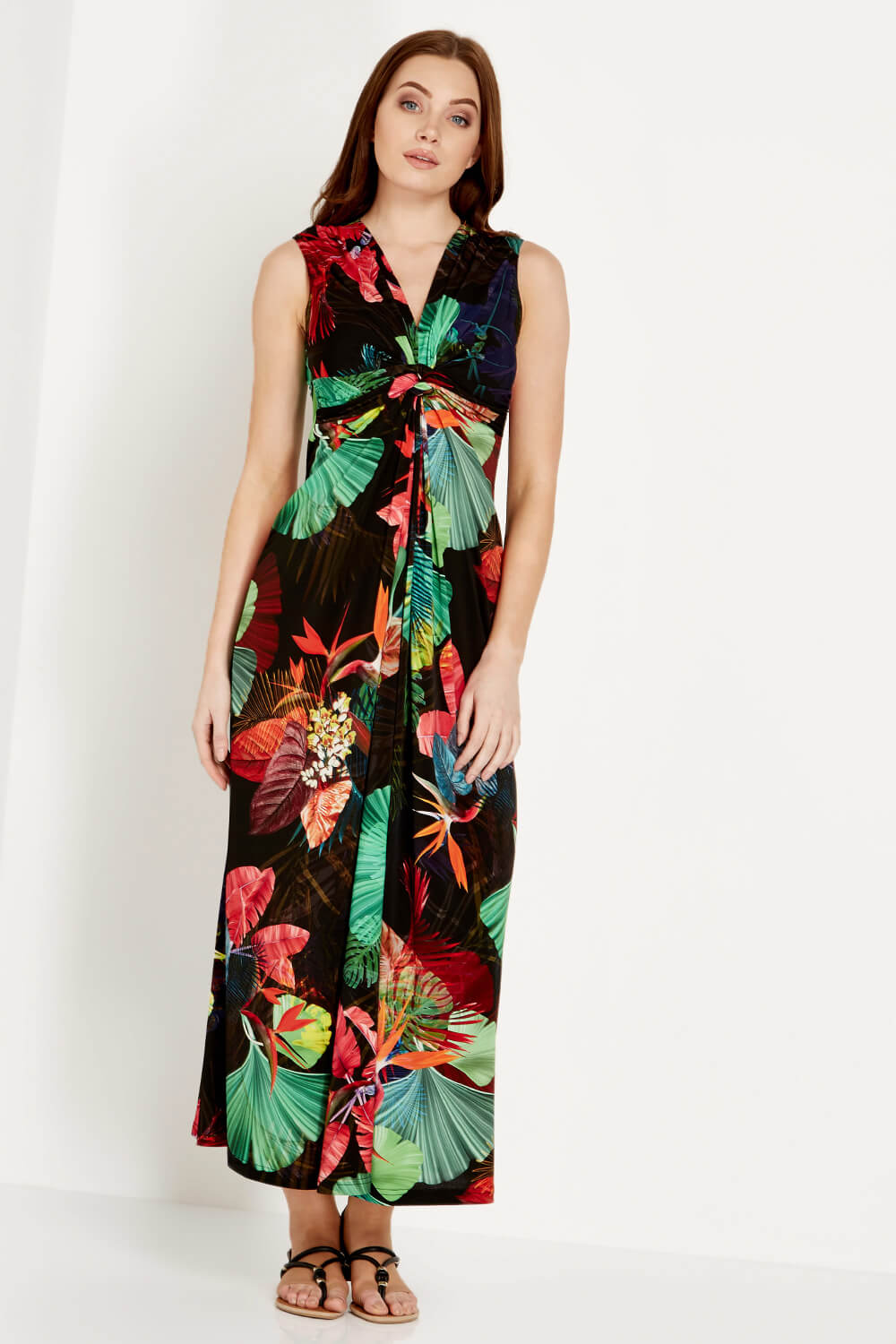 V Neck Tropical Print Maxi Dress in BLACK - Roman Originals UK
