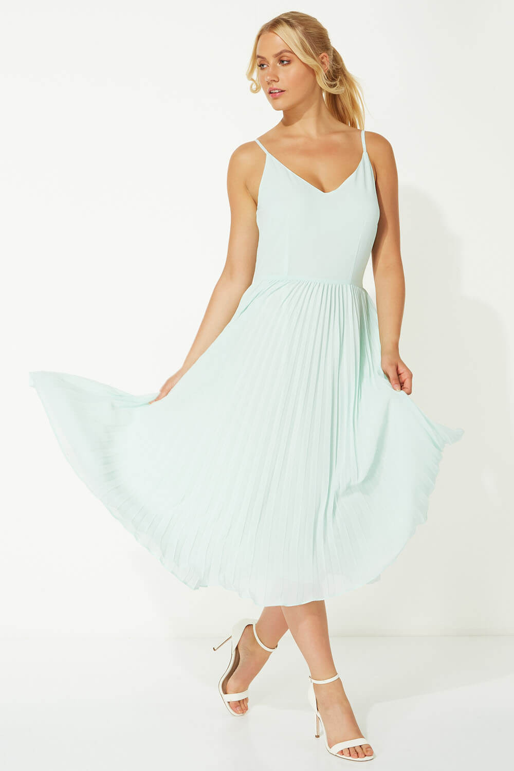 Mint Lace Top Overlay Pleated Midi Dress, Image 4 of 5