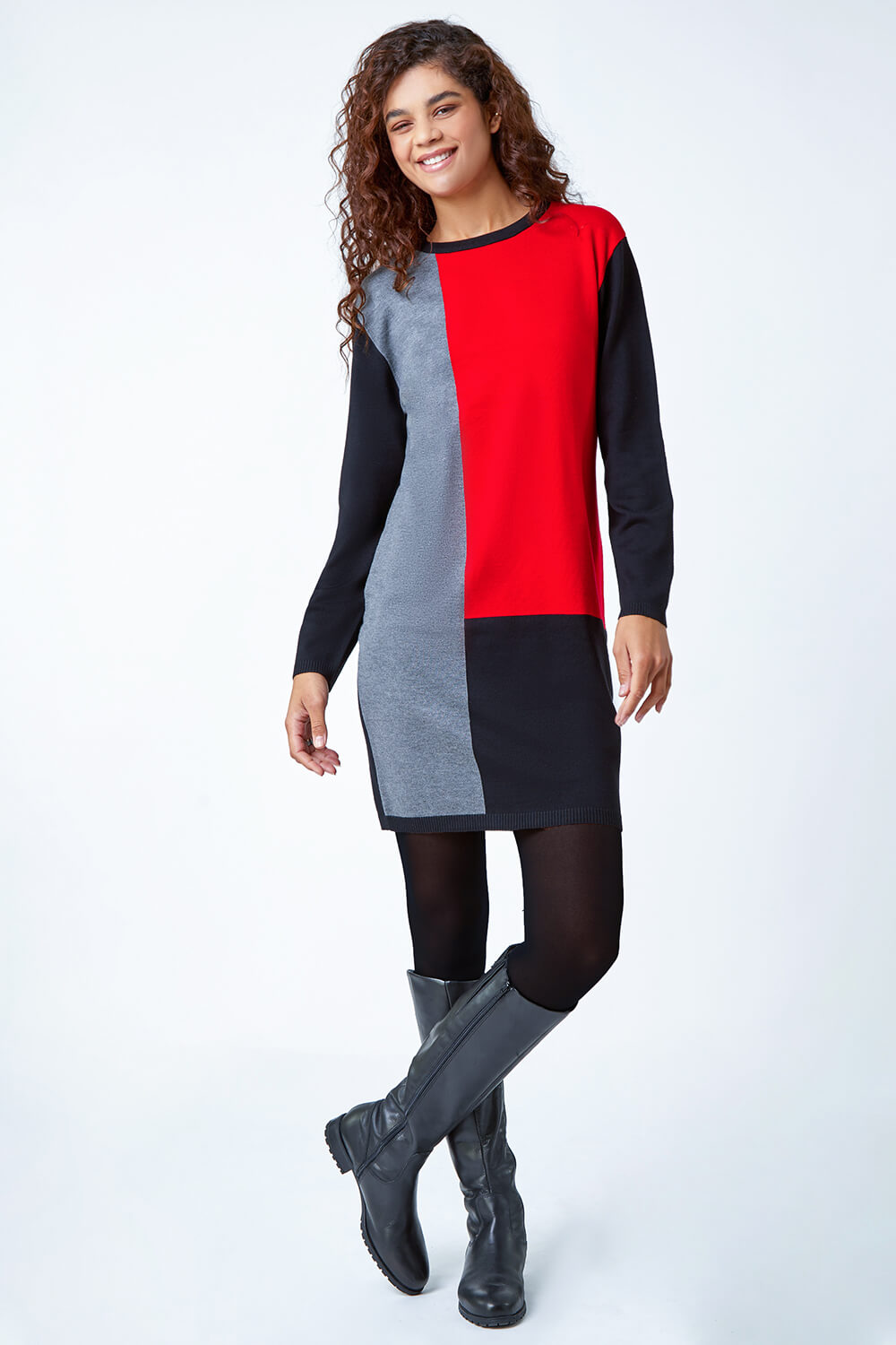 Red Colour Block Knitted Jumper Dress, Image 2 of 5