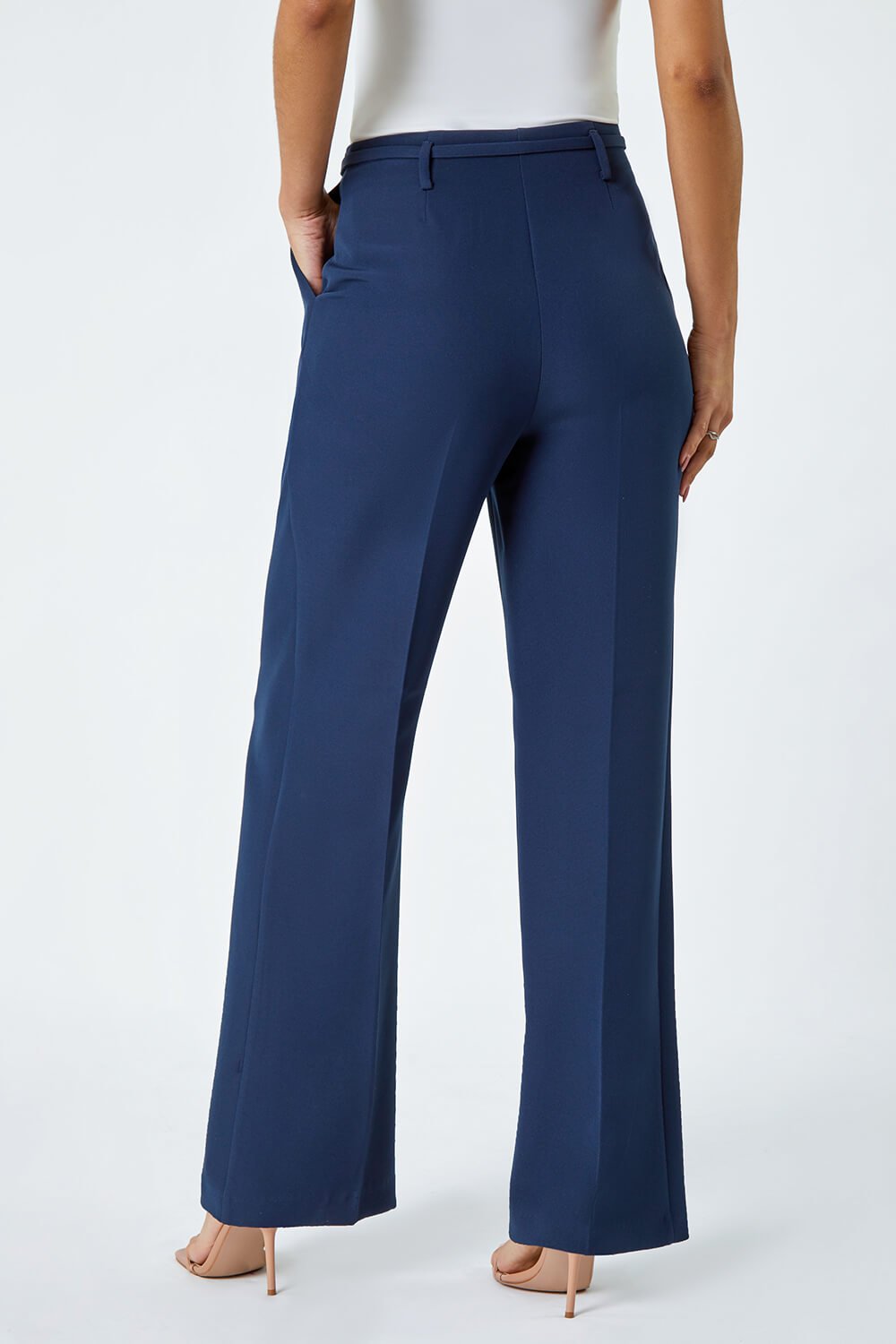 Navy  Crepe Stretch Straight Leg Trousers, Image 3 of 6