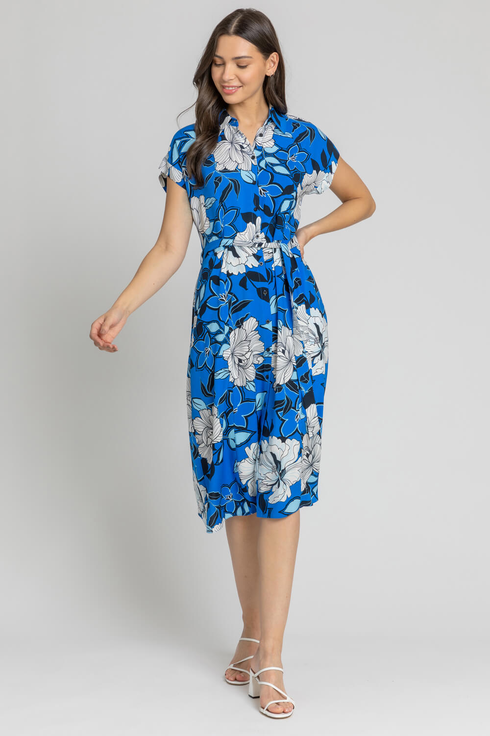 Blue Floral Print Belted Shirt Dress, Image 3 of 4
